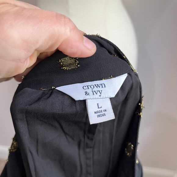Crown & Ivy Black & Gold Clip Dot Long Sleeve Mini Dress Size L - Picture 7 of 8